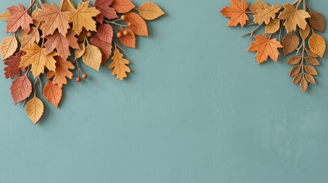 Autumn Leaves on Teal Background, Vibrant Fall Foliage Arrangement