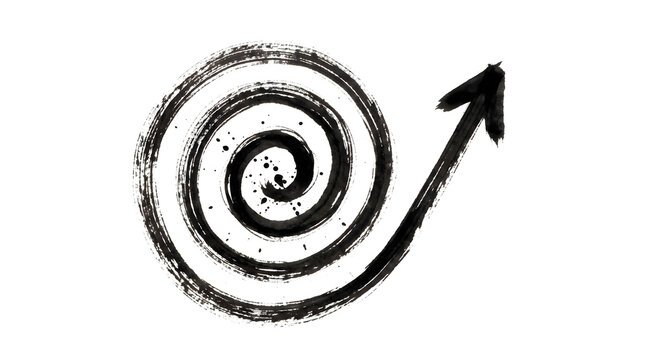 Black ink spiral arrow painted with traditional brush strokes creating dynamic abstract curl and directional movement design element on white background