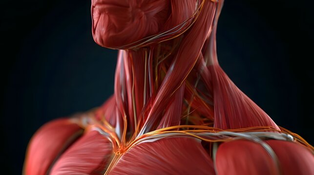 Close up of human neck and shoulder muscles with visible tendons and vascular structures in anatomical detail
