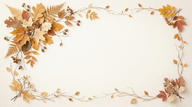 Foliage Border on Linen Background with Autumn Leaves and Berries, a Rustic Decorative Frame