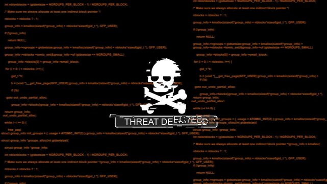 Cyber security threat detected alert with skull and programming code background, malware hacking computer virus
