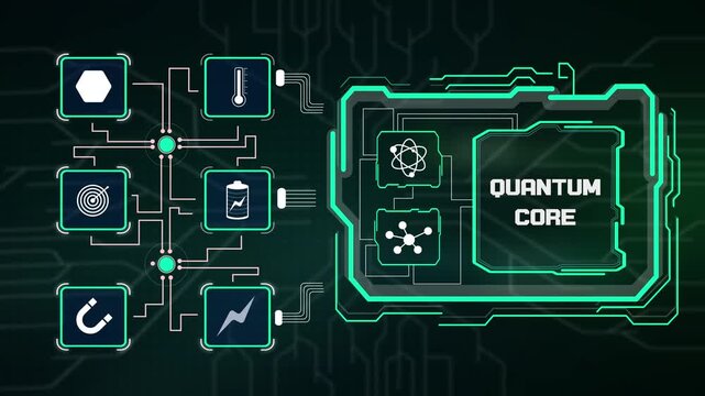 Advanced quantum core system interface displaying subatomic particle processing, qubit node calculation and atomic energy stream