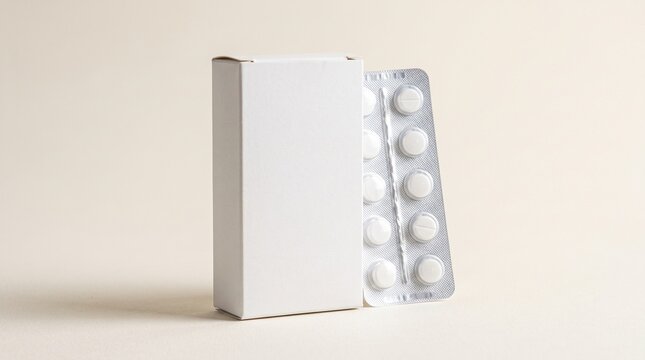 Healthcare Packaging mockup featuring a white pill box and blister pack of medication on a neutral background