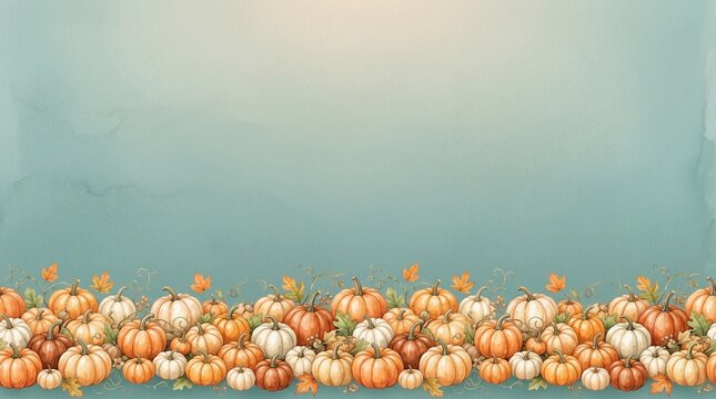 Miniature Pumpkins with Scattered Autumn Leaves on a Textured Teal Background