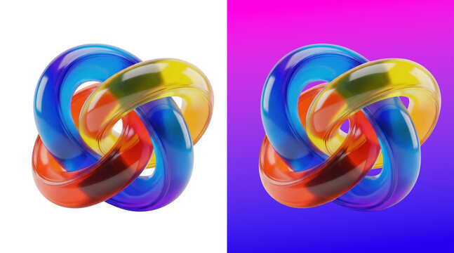 Colorful 3D knotted rings abstract composition