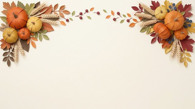 Paper Cut Pumpkins and Wheat Arrangement. Autumn Harvest Design with Leaves, Berries