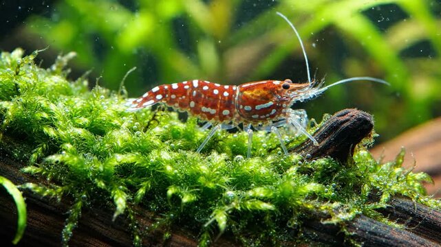 Close-up of a red cherry shrimp with white spots on lush green aquarium moss