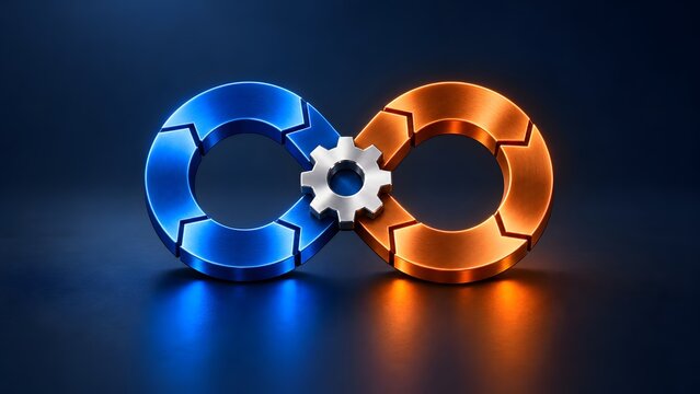 Metallic blue and orange infinity arrow loop with central silver gear representing devops lifecycle and continuous workflow automation