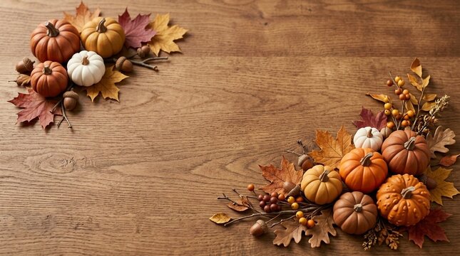 Pumpkins and Maple Leaves Arranged on a Rustic Wooden Surface. Autumn Harvest Decoration Concept