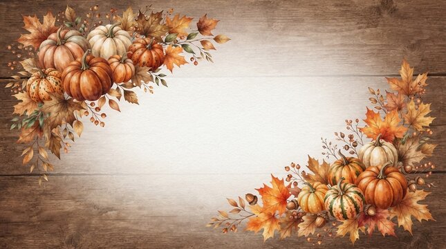 Pumpkins and Maple Leaves Arranged on a Rustic Wooden Background