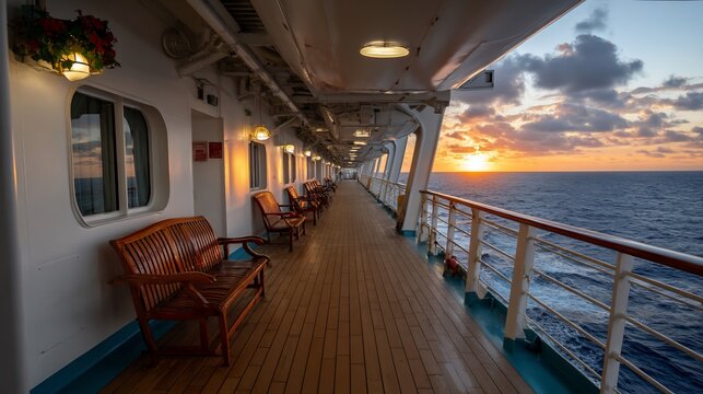 Cruise ship deck at sunset with wooden benches along walkway facing the ocean