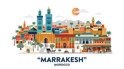 Obraz premium Colorful illustration of Marrakesh cityscape showcasing vibrant architecture and lively streets of Morocco in a detailed