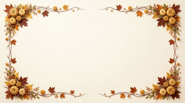 Pumpkins and Maple Leaves Border with Vines and Berries, Autumnal Harvest Design