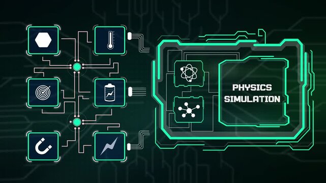 Real time physics simulation software display calculating atomic particle movement, energy conservation dynamics and forces