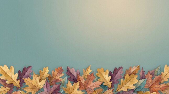 Watercolor Leaves on Teal Background, Autumn Foliage Illustration