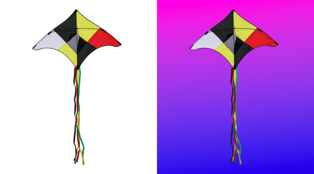 Colorful diamond-shaped kite flying against gradient sky background