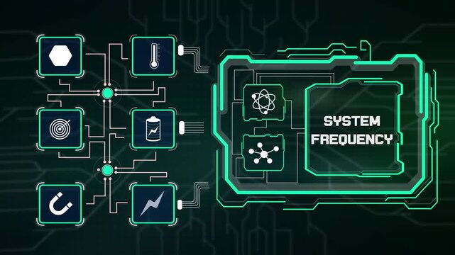 Monitoring system frequency resonance levels on scientific telemetry dashboard showing wave signal bandwidth and oscillator sync