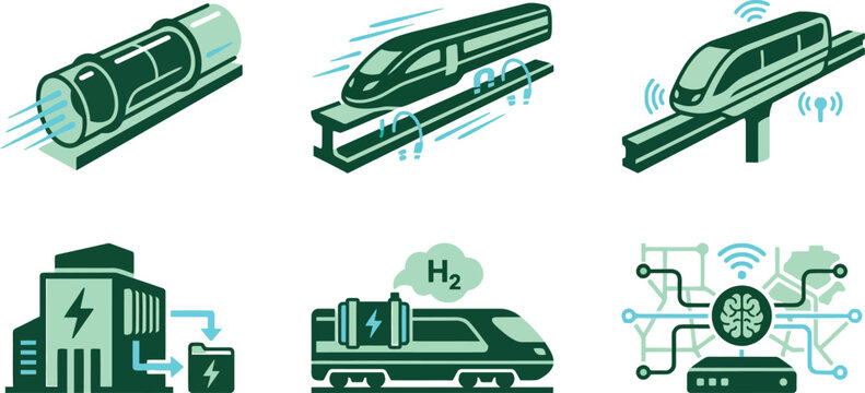 Futuristic high-speed train icons, set of 6 modern railway transportation vectors, sustainable hydrogen and electric maglev rail technology illustrations