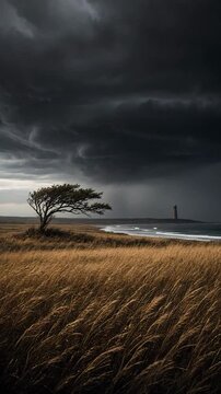 Dramatic Landscape with Lone Tree by the Shore under Ominous Storm Clouds and Turbulent Sea