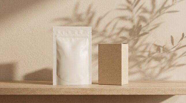 Minimalist Healthcare Packaging mockup with blank pouch and box on wooden shelf