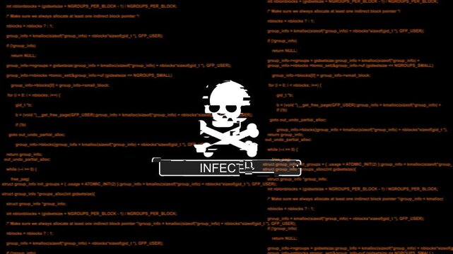 Cyber security alert: computer system infected with malware warning and skull on programming code background