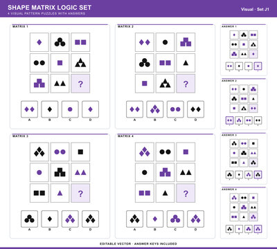Shape Matrix Logic Set - 4 visual pattern puzzles with multiple choice answers
