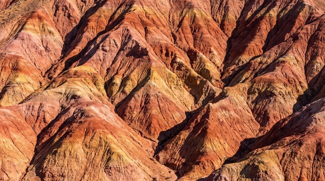 Layered colorful sedimentary rock formations on a steep mountain hillside under bright sunlight