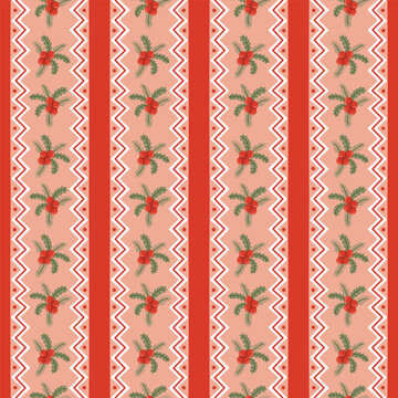 Christmas vertical stripes with red holly berries seamless pattern vector illustration, hand drawn red holly berries and zigzag ric rac lace border repeat background on coral red for gift wrap