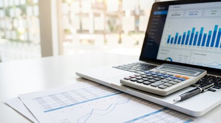 Obraz premium Laptop with financial charts and calculator on a desk in a bright office environment with data charts