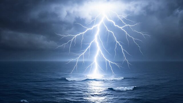 Dramatic Lightning Strikes Illuminating Dark Ocean Under Stormy Sky