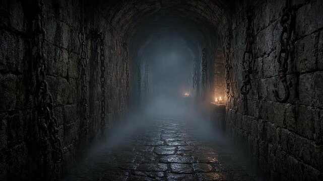 Haunted ancient stone tunnel with atmospheric fog and flickering torches moving forward
