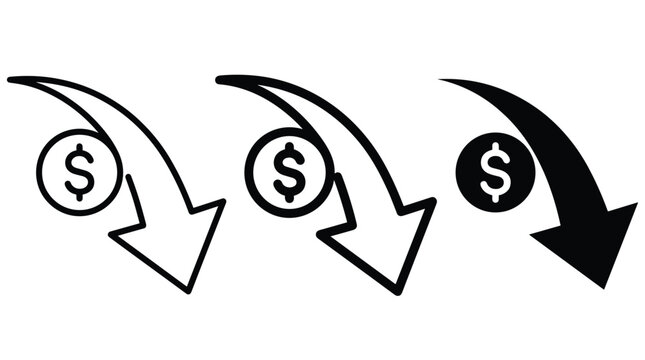Finance crisis graph showing downward trend with dollar icon and arrow signifying economic decline and recession illustration.