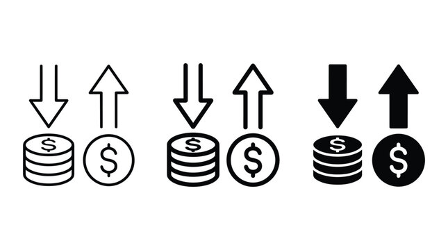 Money flow concept with coins and upward or downward arrows showing deposit and withdrawal or income and expense.