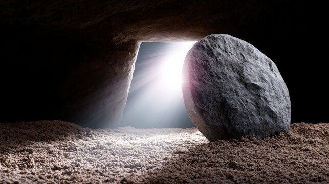 The tomb entrance, illuminated by divine light, reveals a rolled-away stone, symbolizing resurrection and hope. ..Created with Generative AI, not depicting real subjects.