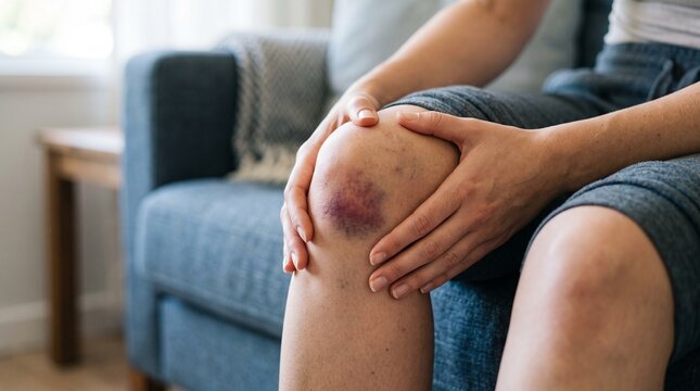 Woman holding her bruised knee while sitting on a sofa at home