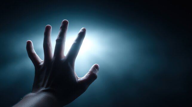 A hand reaches out towards a bright, ethereal light, evoking a sense of mystery, hope, or the unknown. ..Created with Generative AI, not depicting real subjects.