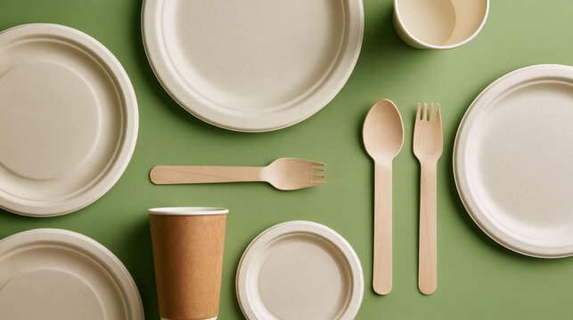 Eco friendly disposable tableware set with biodegradable paper plates wooden utensils and kraft cup on green background
