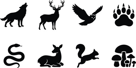 Obraz premium Forest Wildlife Silhouette Collection - Vector Icons Of Wolf Deer Owl And Woodland Animals For Graphic Design