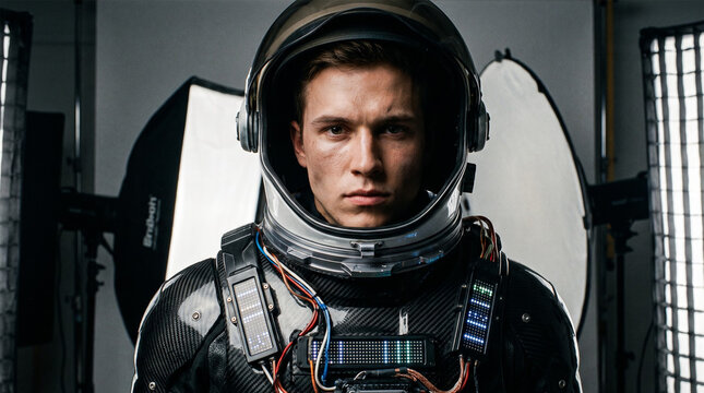 Serious Astronaut in Space Suit and Visor Helmet Under Studio Softbox Lighting