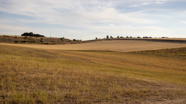 Paisaje rural de campos secos y colinas bajo un cielo con nubes   
