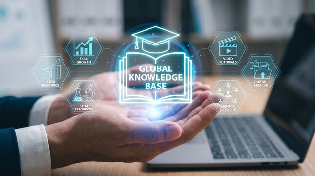 Glowing digital interface displaying global knowledge base icons with a graduation cap above an open book held by a professional person in a modern office