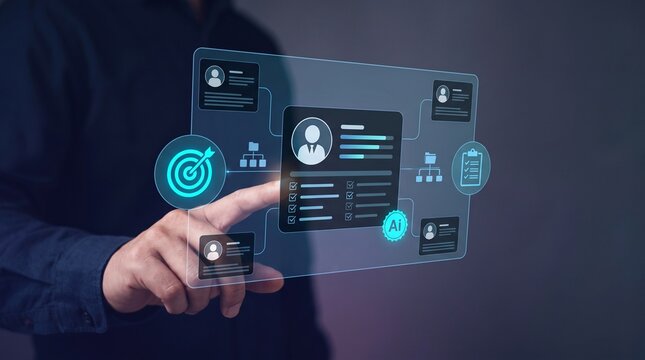 Person interacting with a digital human resources interface showing candidate profiles with personnel