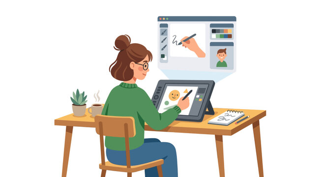 Female freelance illustrator drawing digital art on a pen tablet in a cozy workspace flat vector illustration