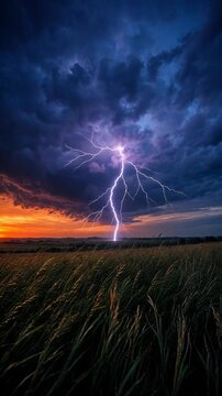 Dramatic Lightning Striking Over Grassy Field During Intense Sunset with Vibrant Clouds
