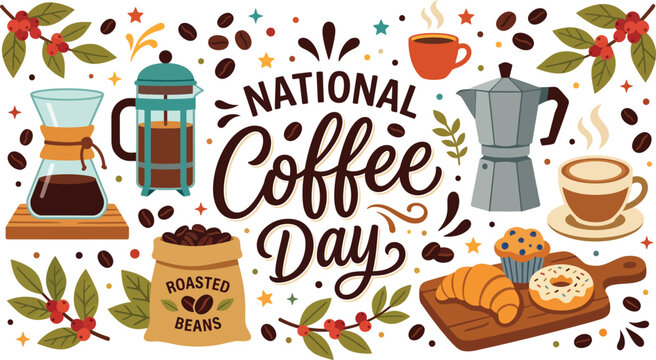 National Coffee Day banner vector illustration, retro coffee shop equipment set, caffeine brewing equipment and roasted beans background