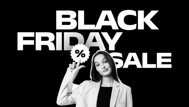 Black Friday sale promotions with a shopper posing and discount text displayed prominently