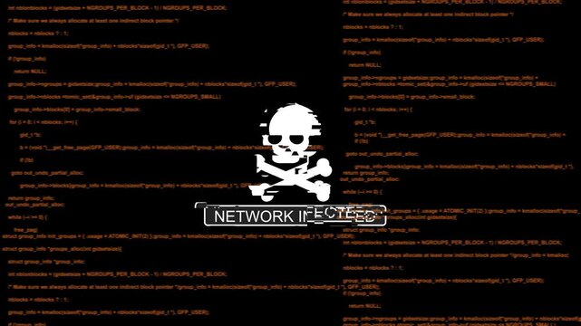 Network infected warning with skull and scrolling programming code background, for cybersecurity and, hacking concepts