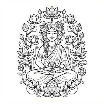 Goddess Lakshmi line art coloring page with lotus flowers