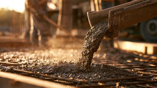 Close-up of wet concrete being poured from chute onto construction site foundation during golden hour