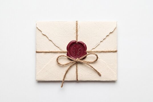 Vintage Cream Envelope with Red Wax Seal and Twine String on White Background